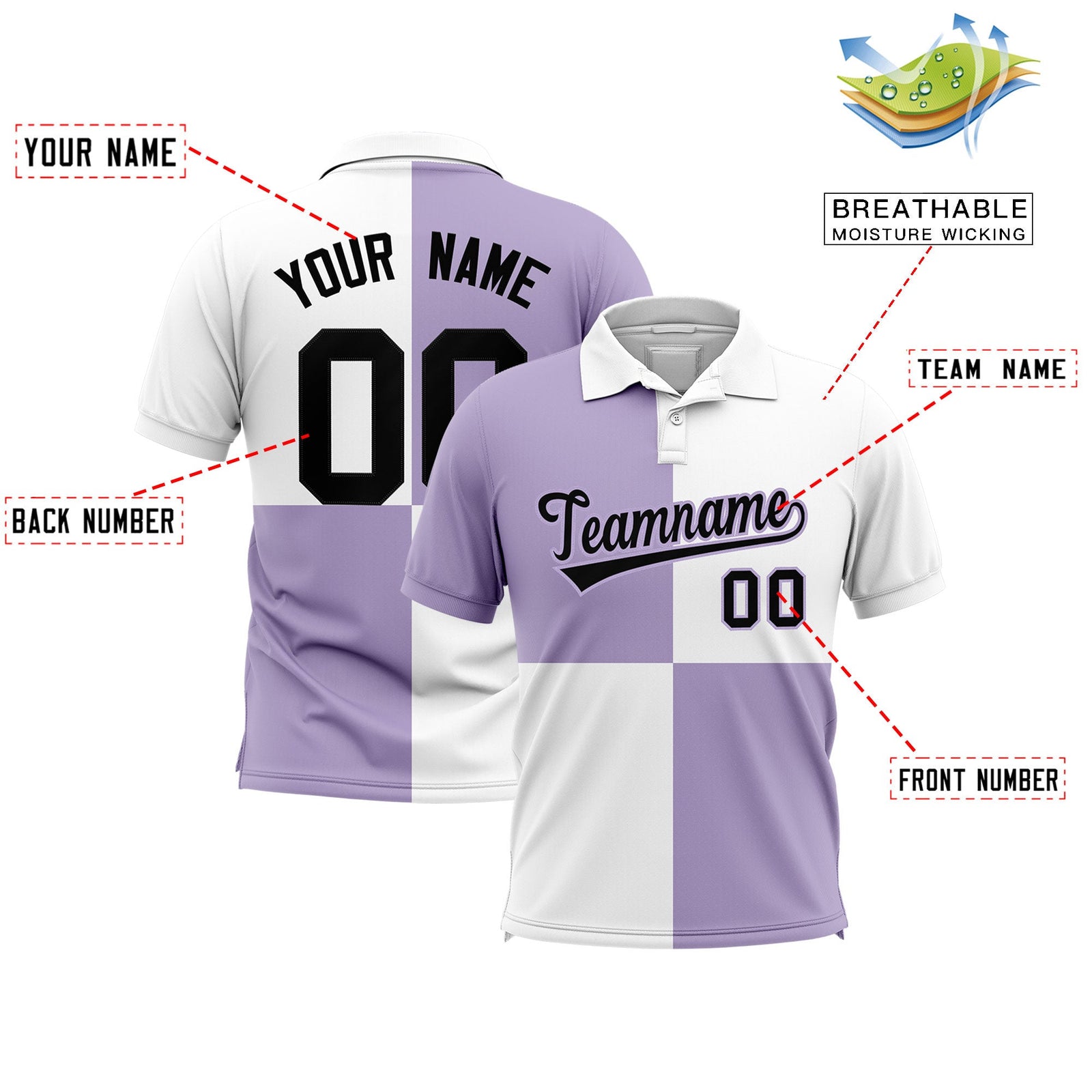 Custom Light Purple White Four Squares Design Performance Polo Shirt