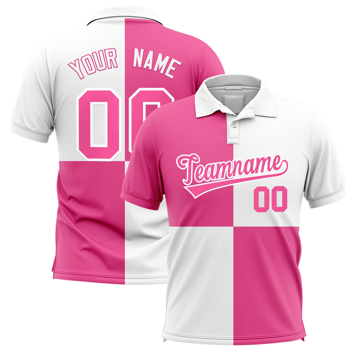 Custom Pink White Four Squares Design Performance Polo Shirt