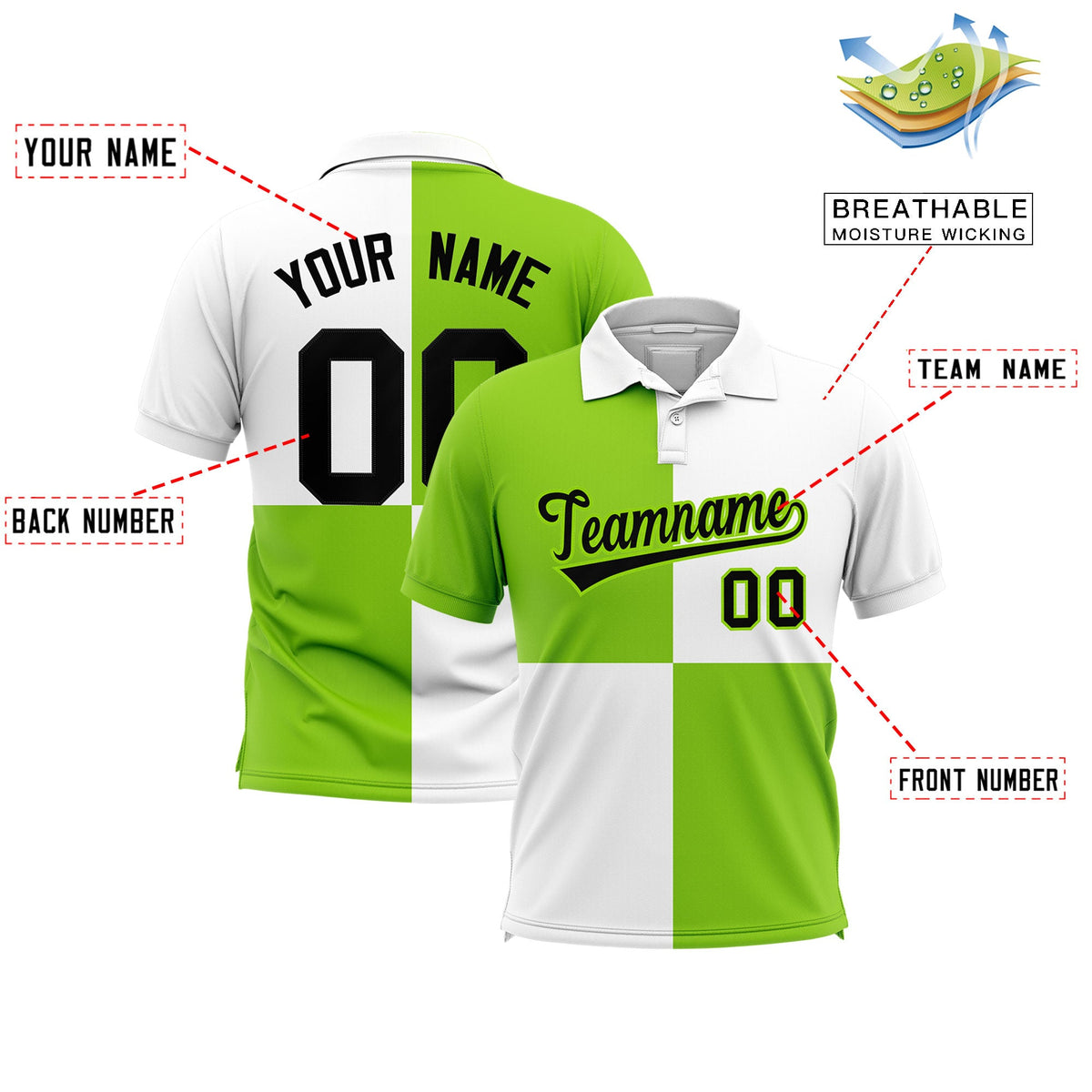 Custom Neon Green White Four Squares Design Performance Polo Shirt