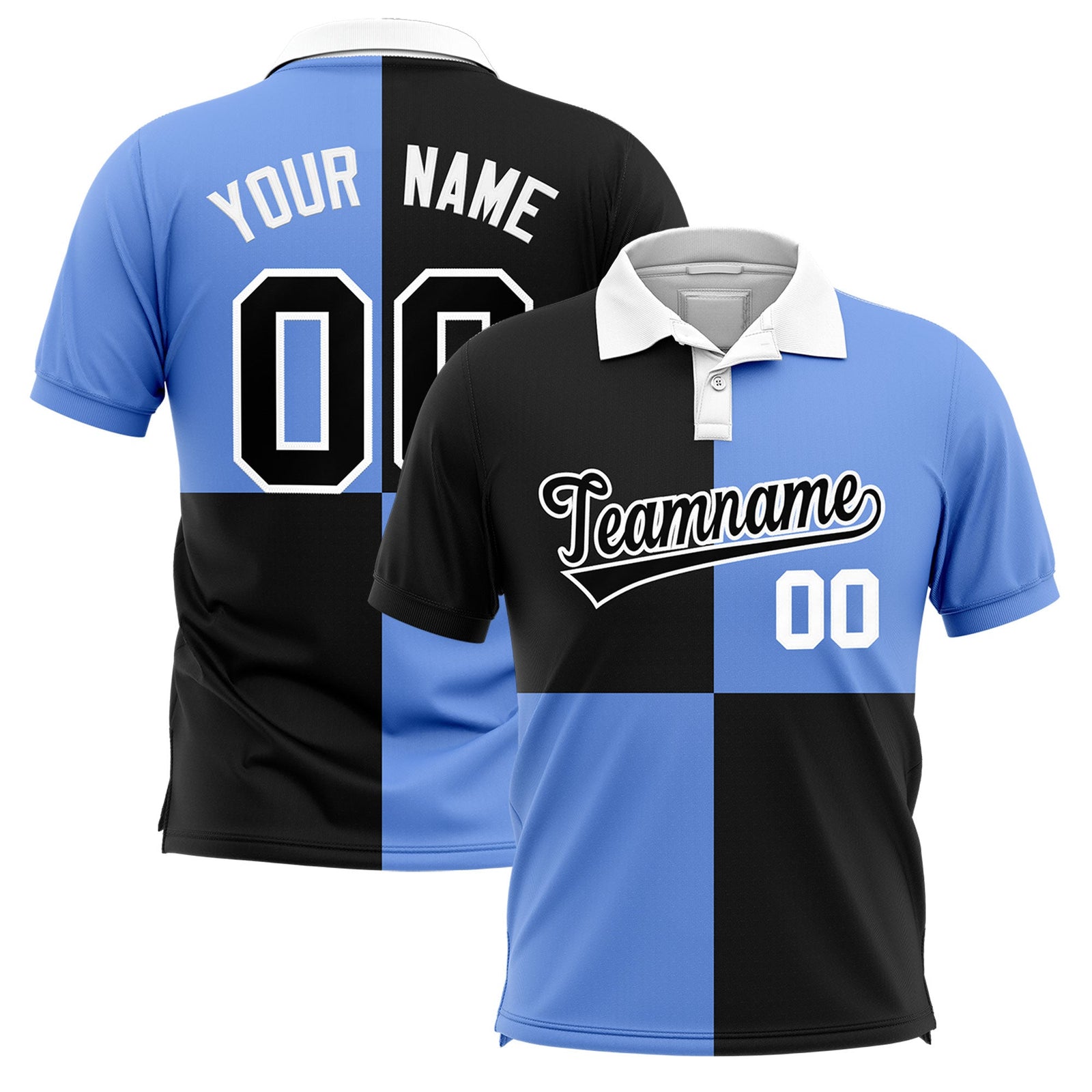 Custom Black Light Blue Four Squares Design Performance Polo Shirt