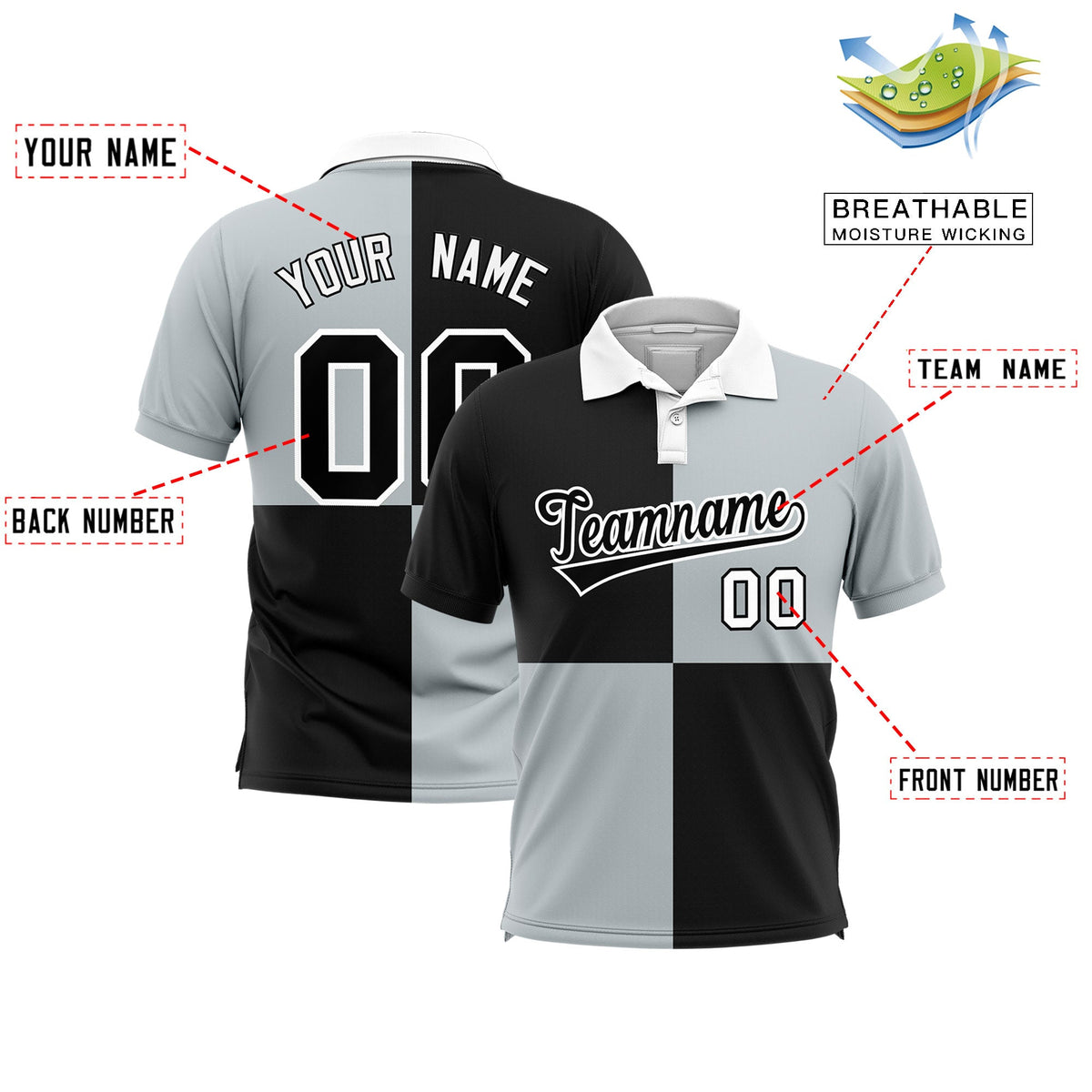 Custom Black Silver Four Squares Design Performance Polo Shirt