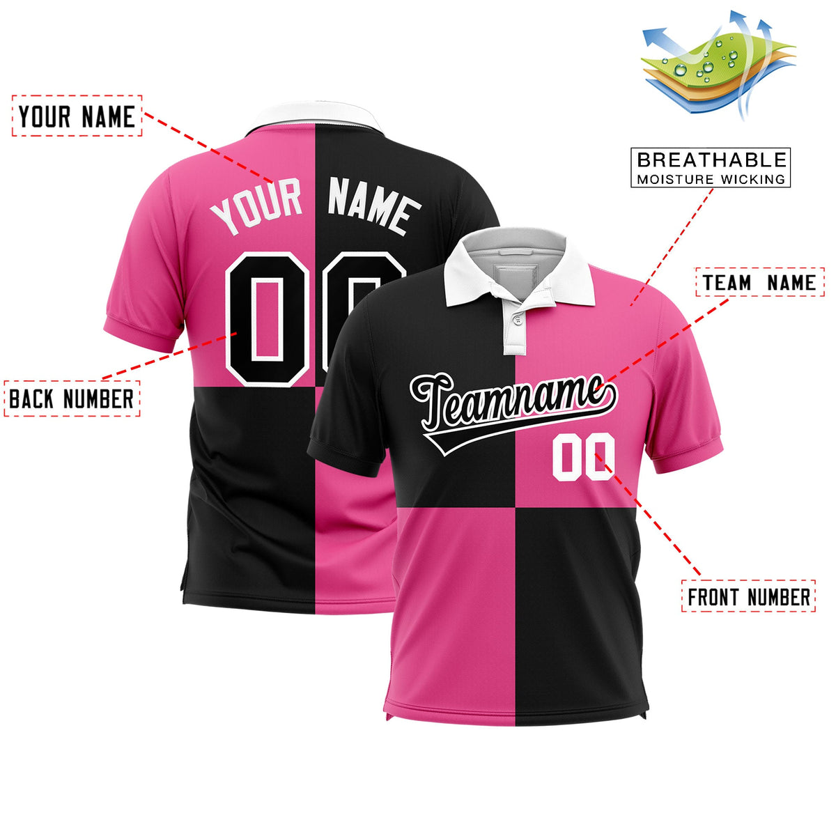 Custom Black Pink Four Squares Design Performance Polo Shirt