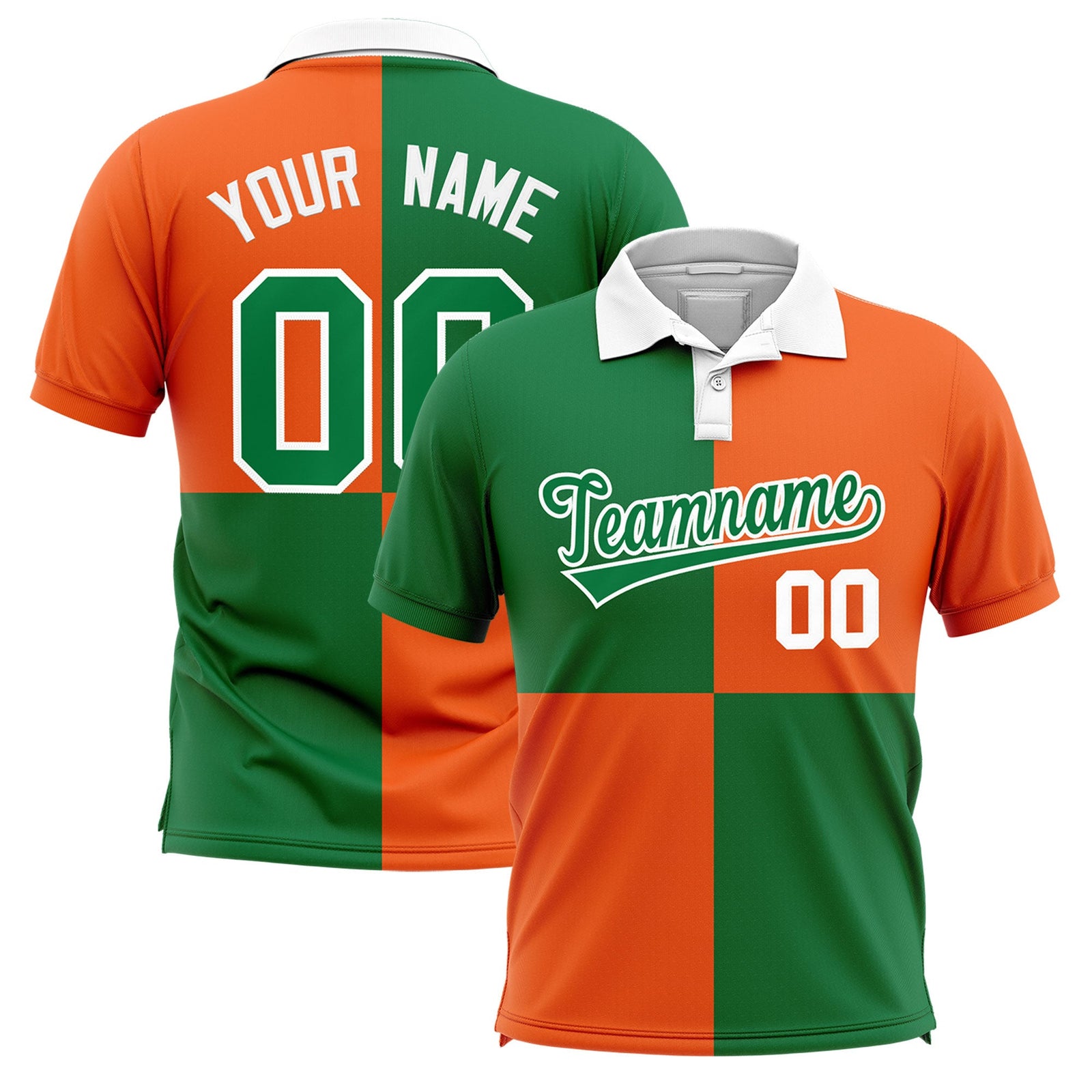Custom Kelly Green Orange Four Squares Design Performance Polo Shirt