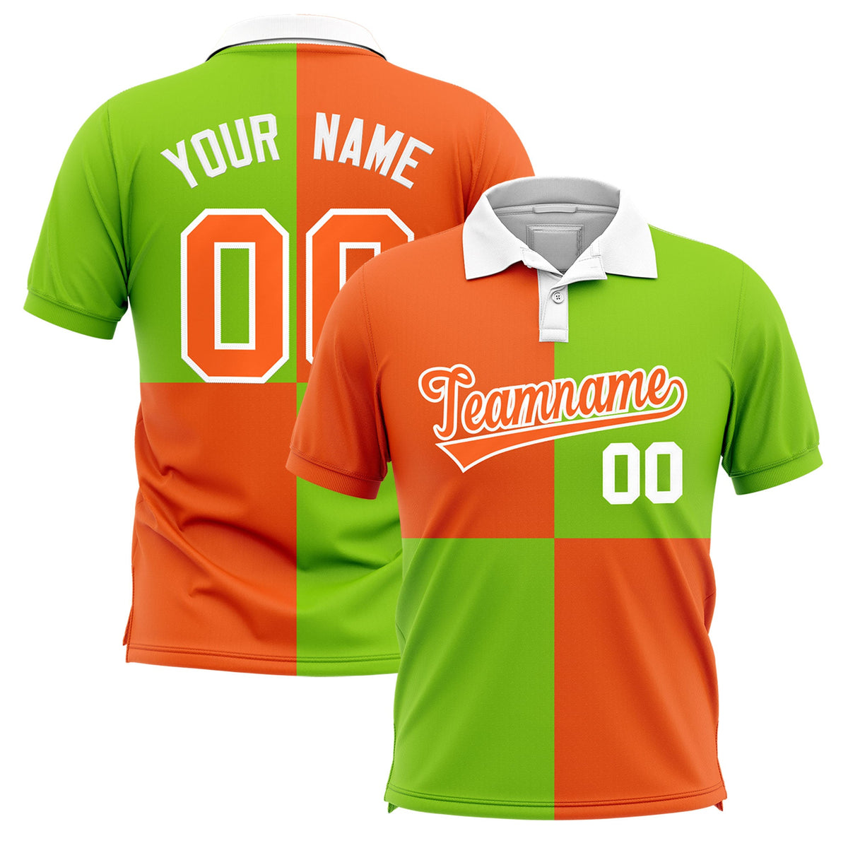 Custom Orange Neon Green Four Squares Design Performance Polo Shirt