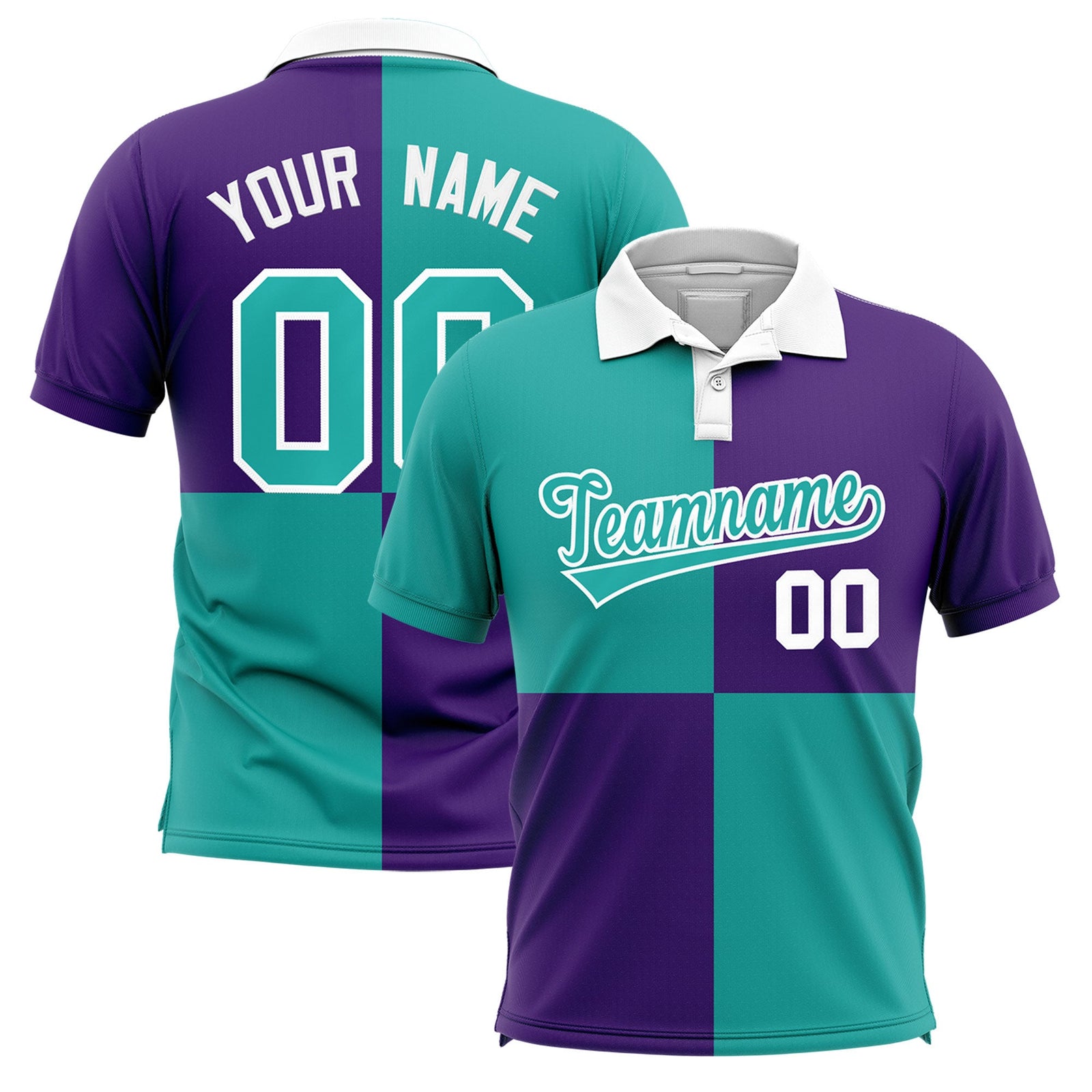 Custom Aqua Purple Four Squares Design Performance Polo Shirt