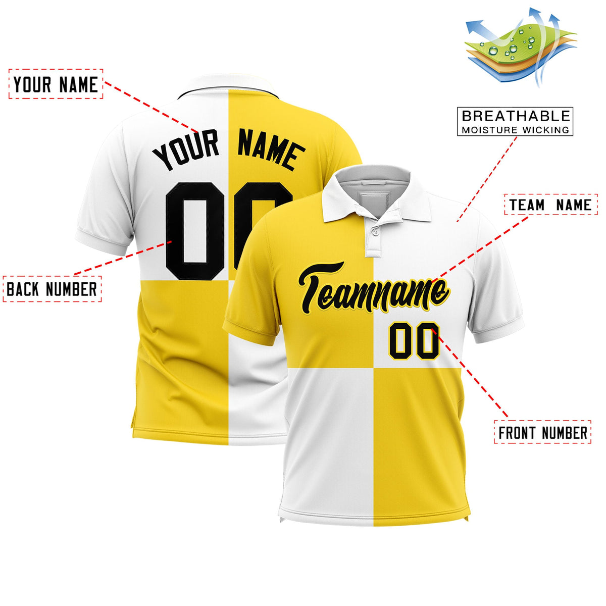 Custom Gold White Four Squares Design Performance Polo Shirt