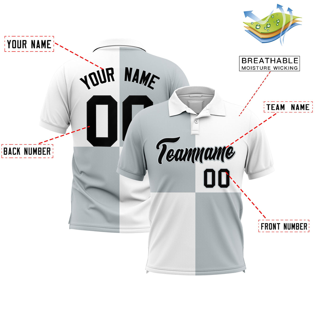 Custom Silver White Four Squares Design Performance Polo Shirt