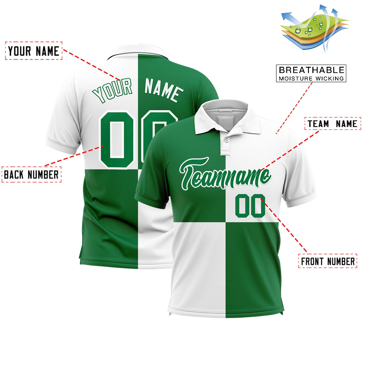 Custom Kelly Green White Four Squares Design Performance Polo Shirt