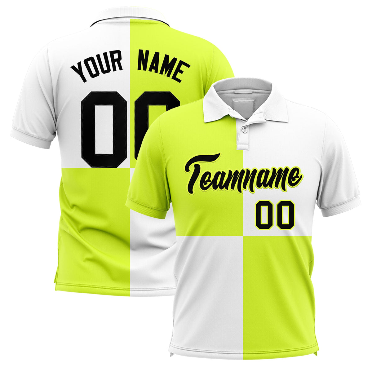 Custom Fluorescent Green White Four Squares Design Performance Polo Shirt