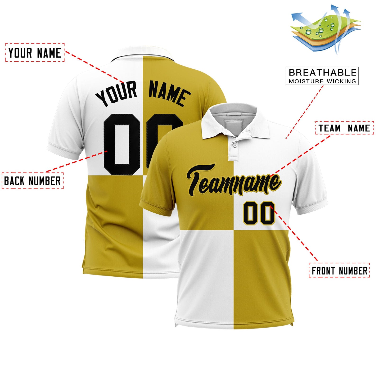 Custom Old Gold White Four Squares Design Performance Polo Shirt