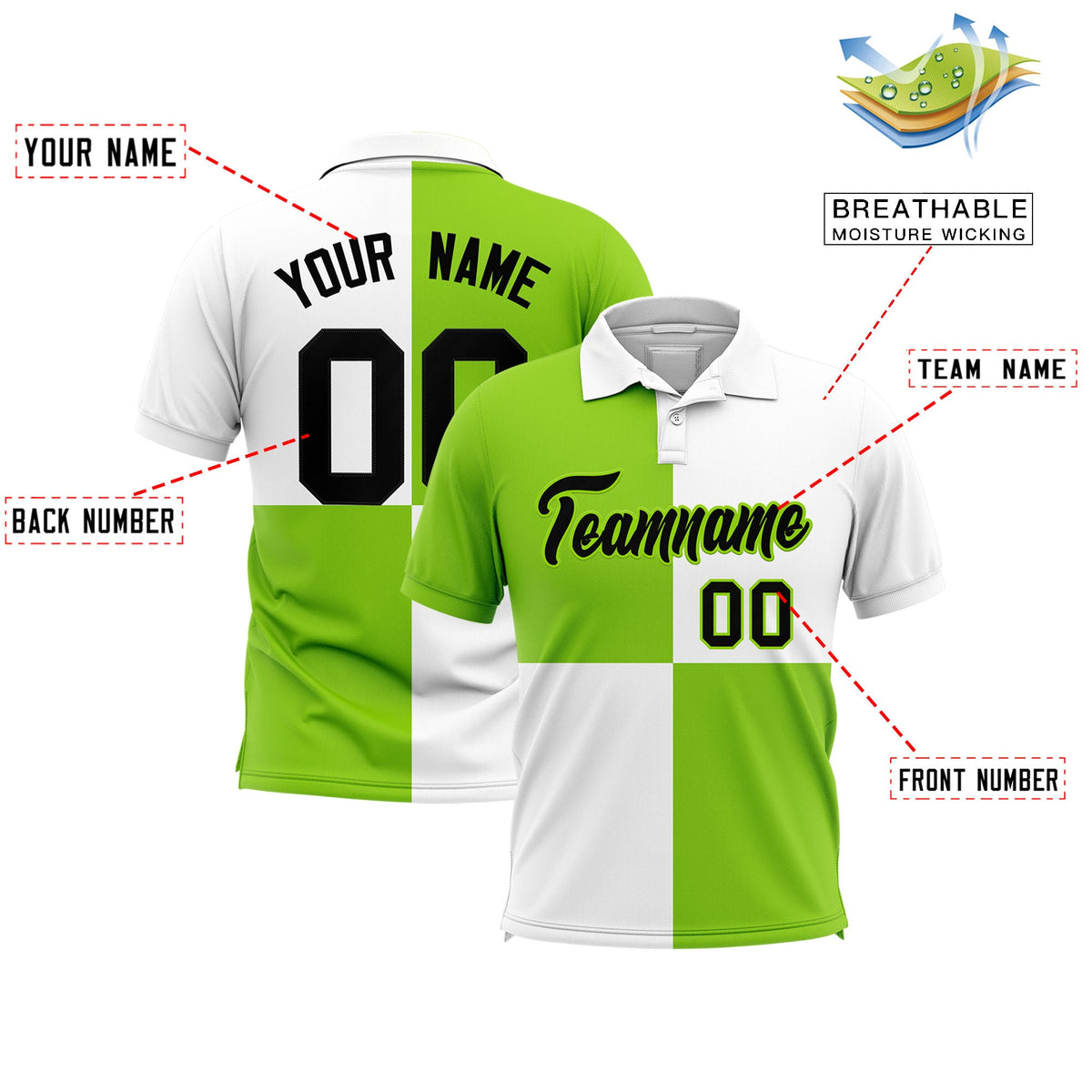 Custom Neon Green White Four Squares Design Performance Polo Shirt