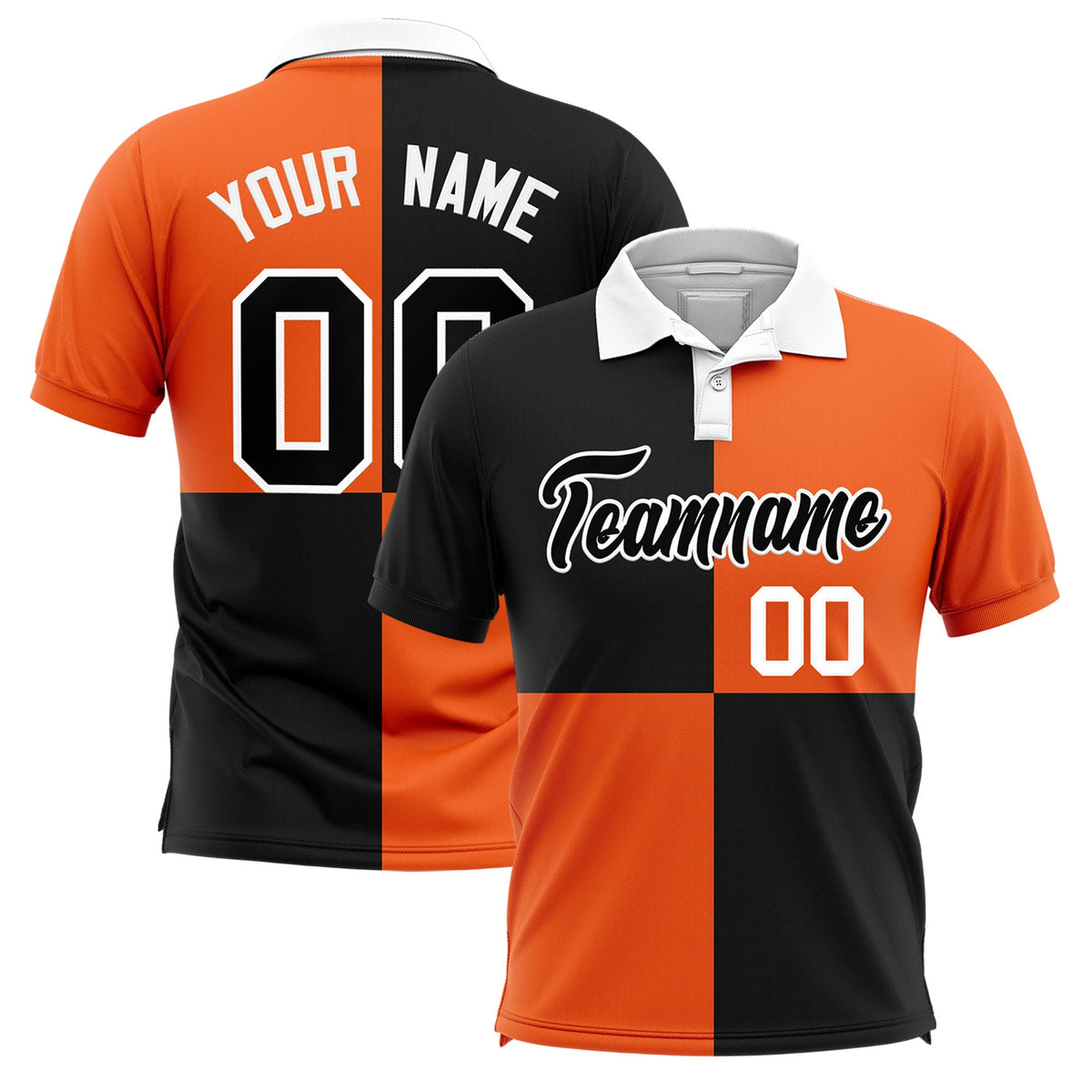 Custom Black Orange Four Squares Design Performance Polo Shirt
