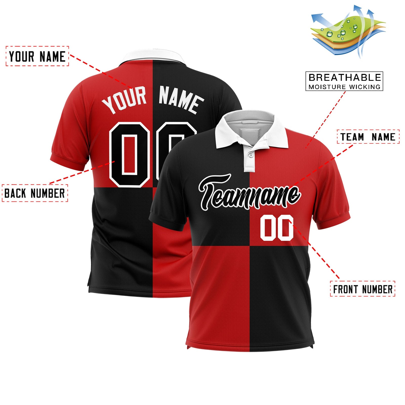 Custom Black Red Four Squares Design Performance Polo Shirt