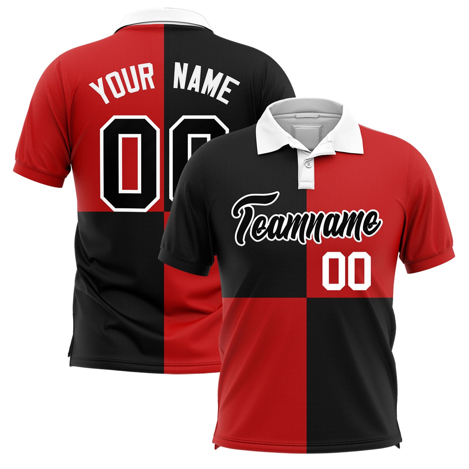 Custom Black Red Four Squares Design Performance Polo Shirt