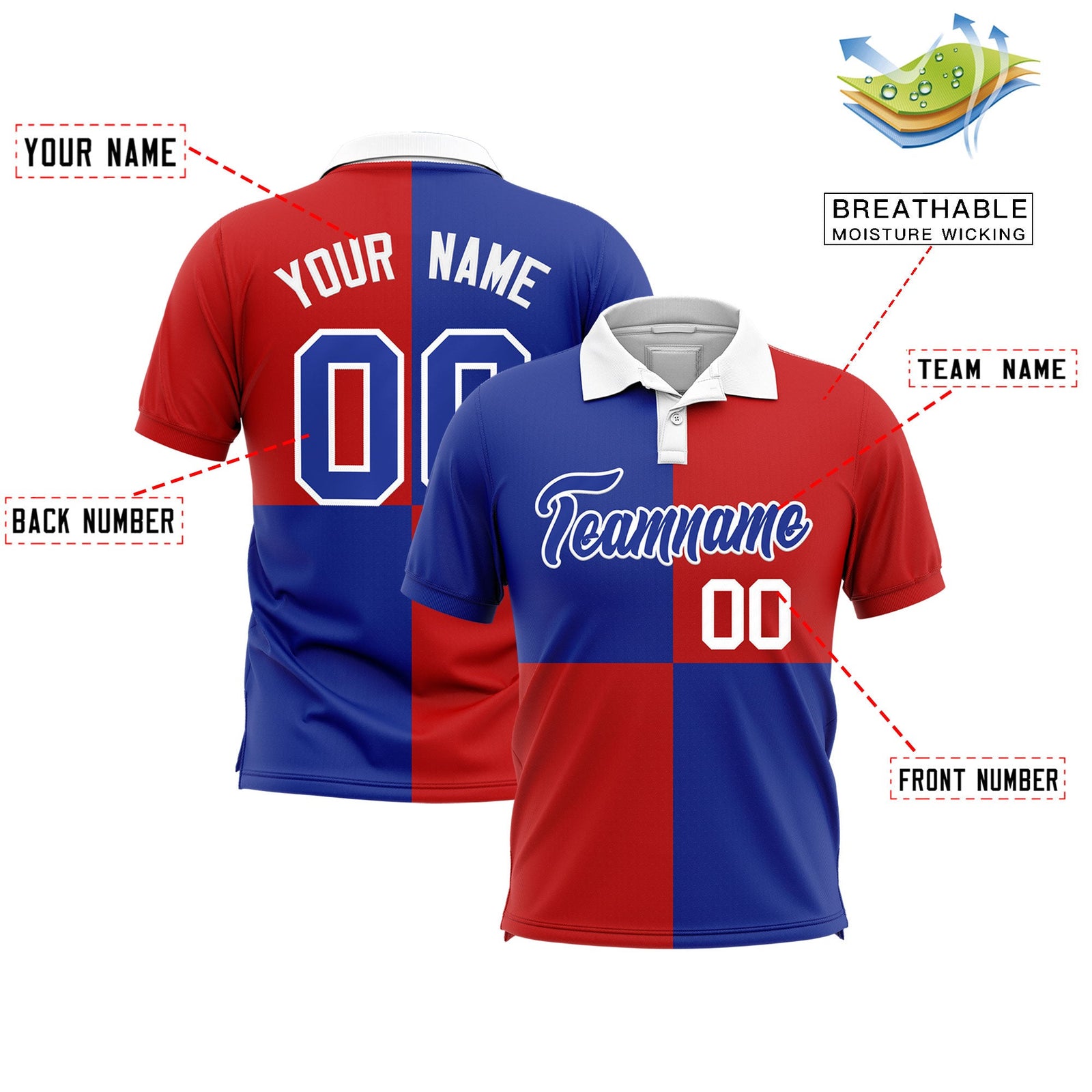 Custom Royal Red Four Squares Design Performance Polo Shirt