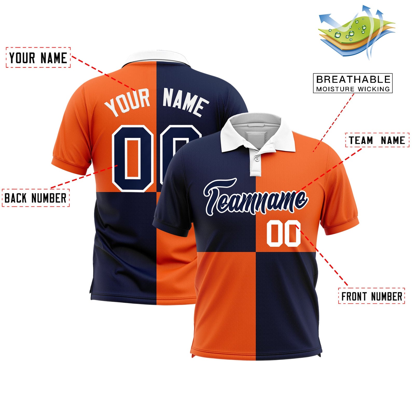 Custom Navy Orange Four Squares Design Performance Polo Shirt