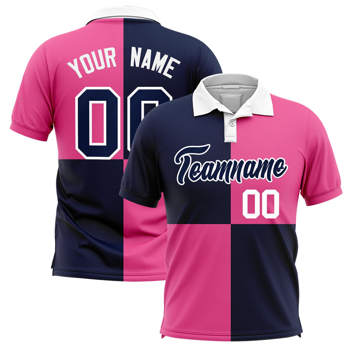 Custom Navy Pink Four Squares Design Performance Polo Shirt