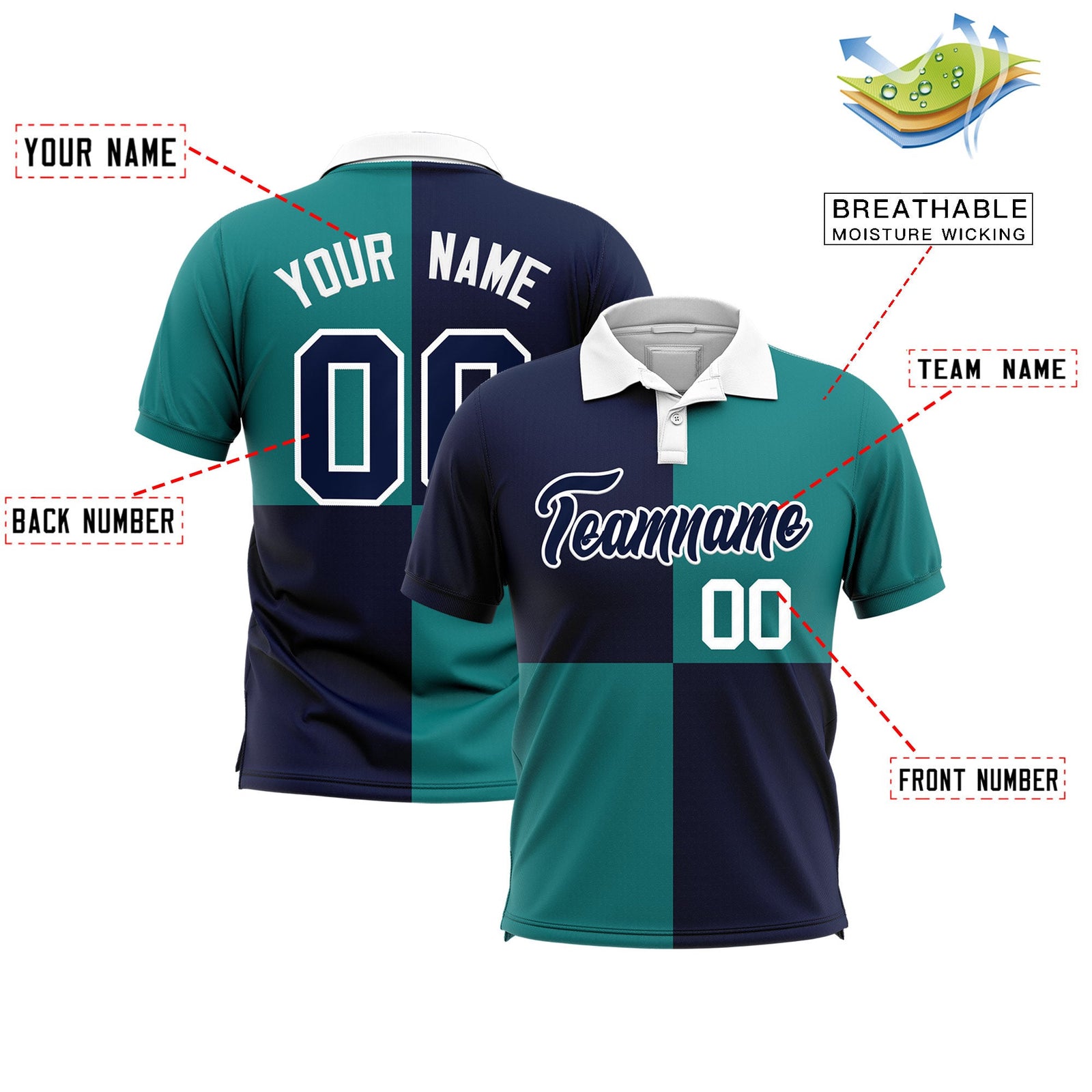 Custom Navy Black Four Squares Design Performance Polo Shirt