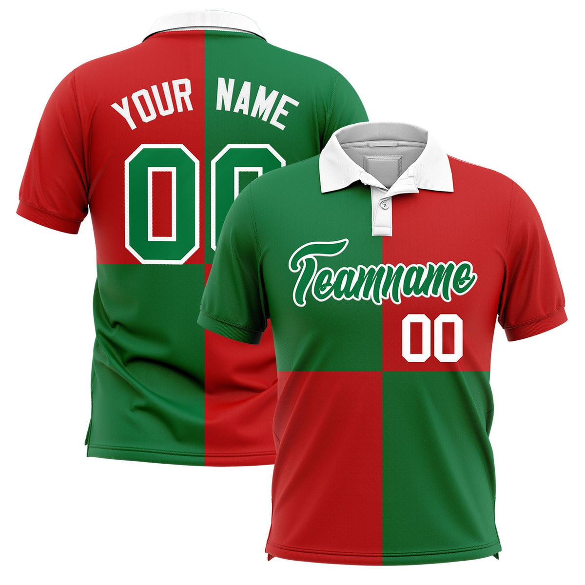 Custom Kelly Green Red Four Squares Design Performance Polo Shirt