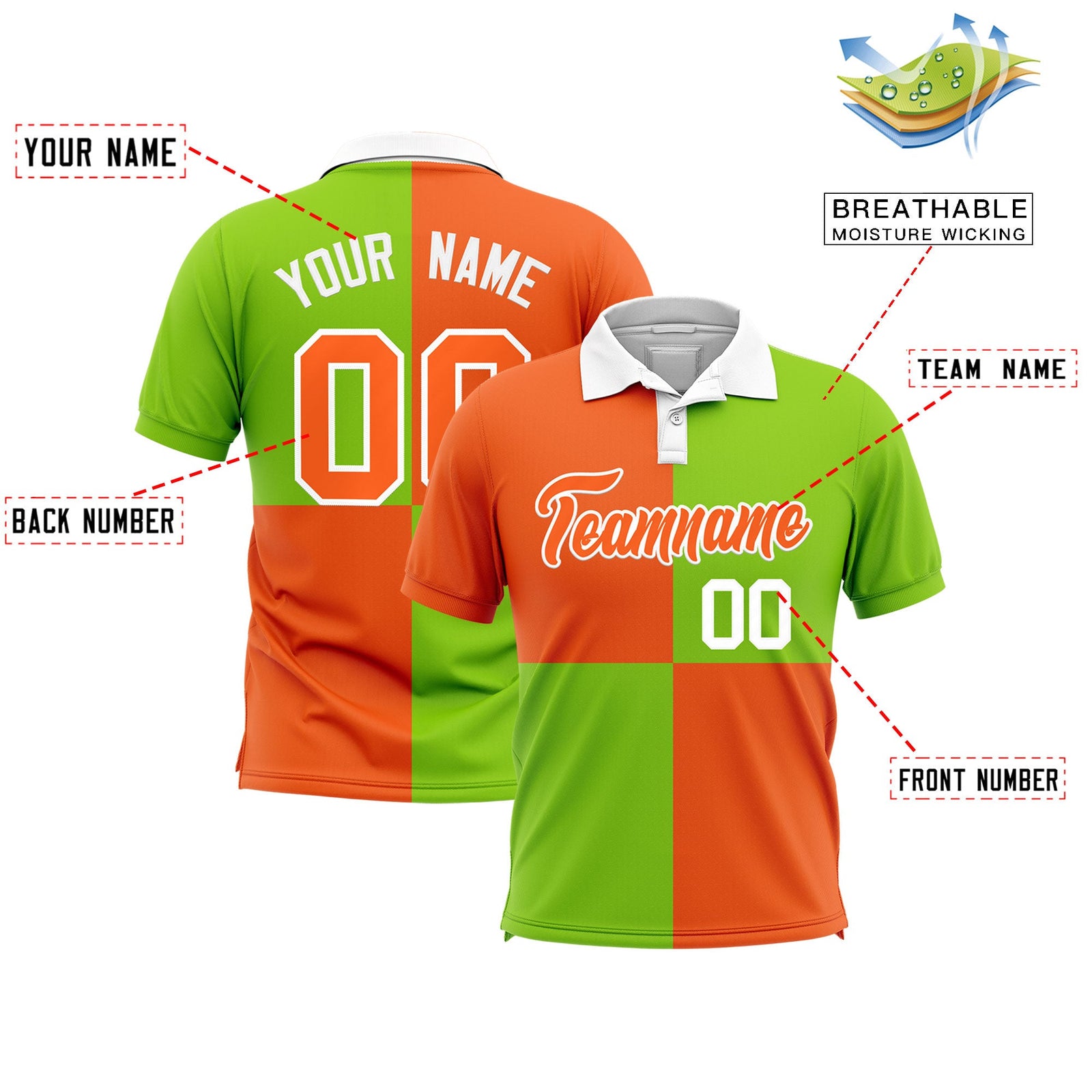Custom Orange Neon Green Four Squares Design Performance Polo Shirt