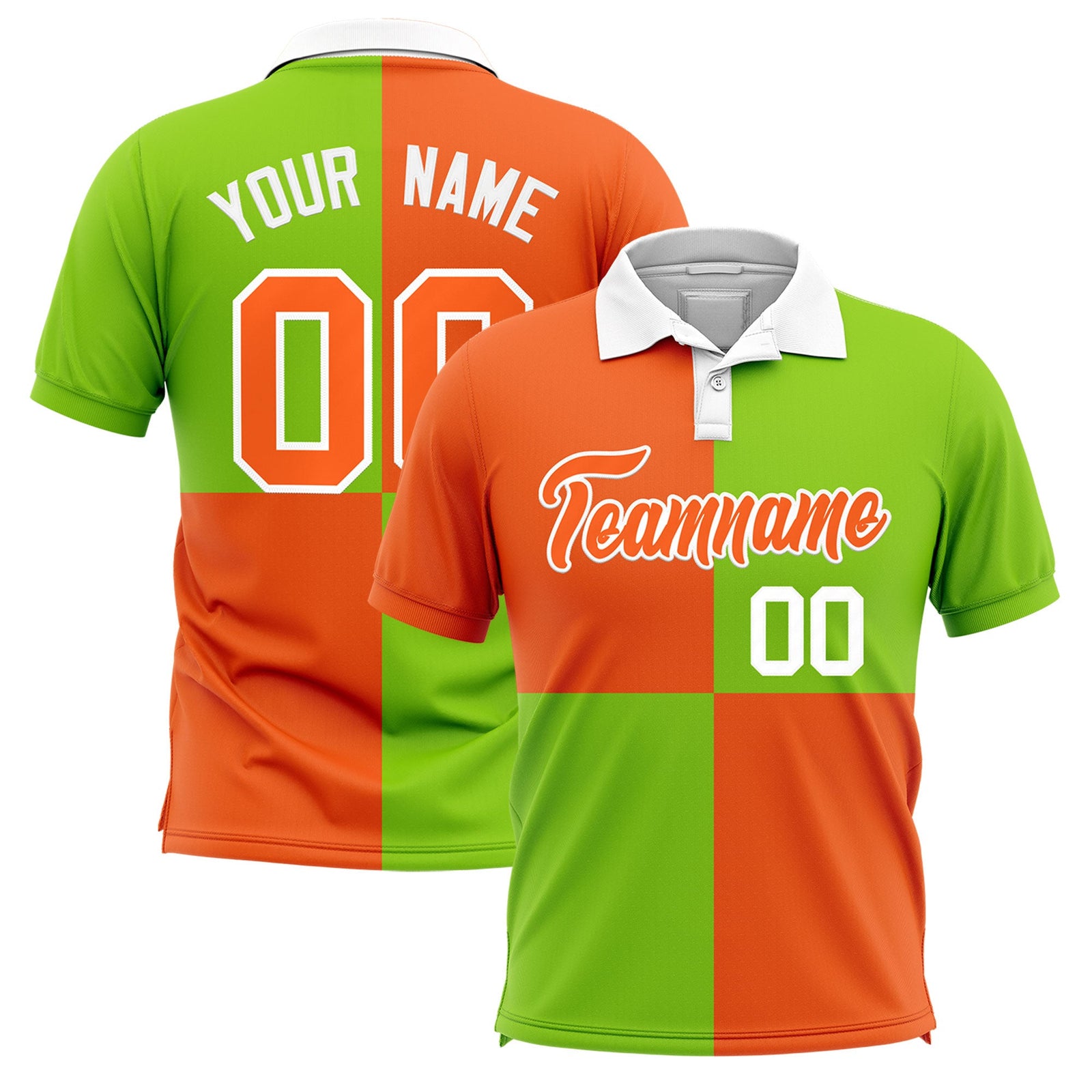 Custom Orange Neon Green Four Squares Design Performance Polo Shirt