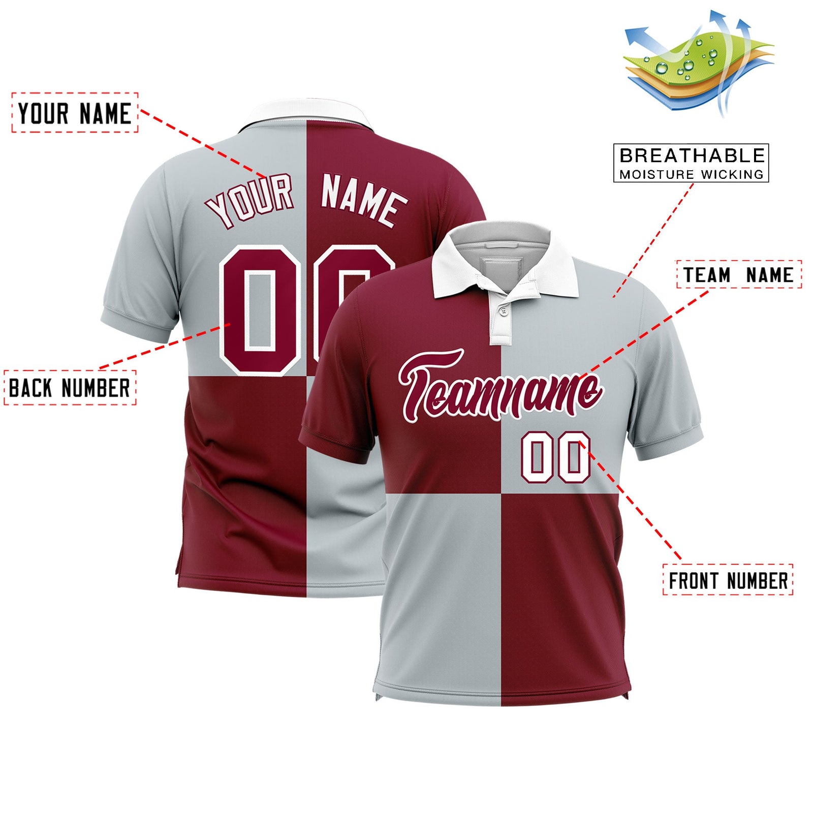 Custom Crimson Silver Four Squares Design Performance Polo Shirt