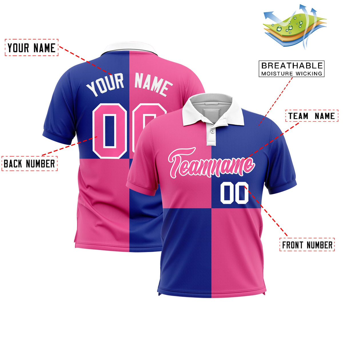 Custom Pink Royal Four Squares Design Performance Polo Shirt