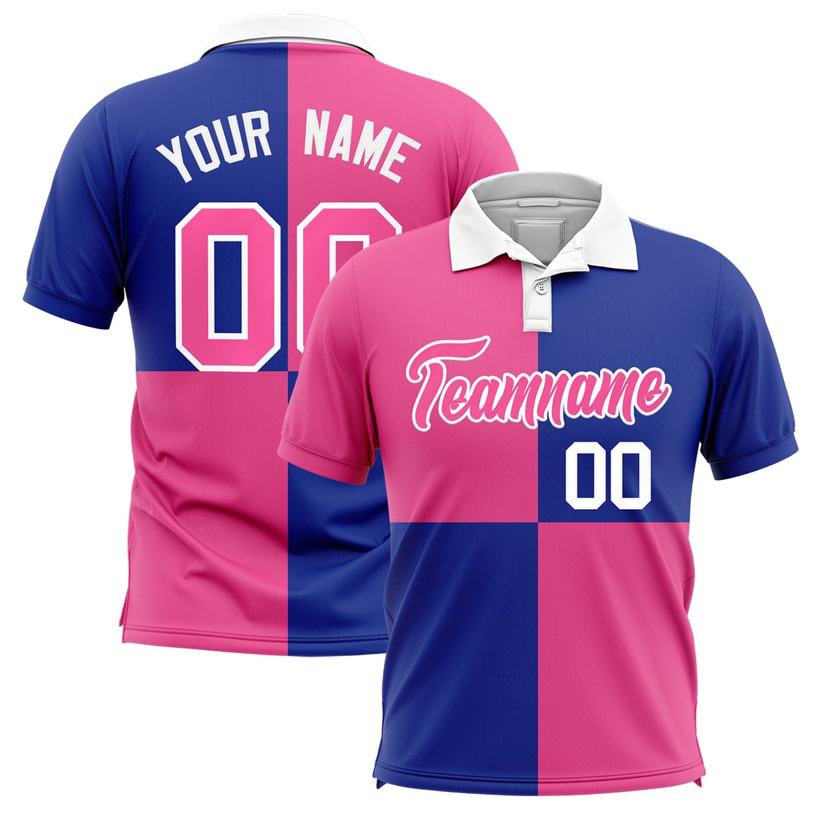 Custom Pink Royal Four Squares Design Performance Polo Shirt