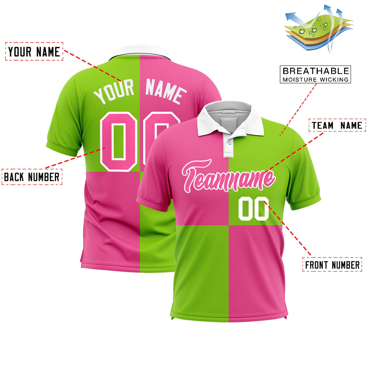 Custom Pink Neon Green Four Squares Design Performance Polo Shirt