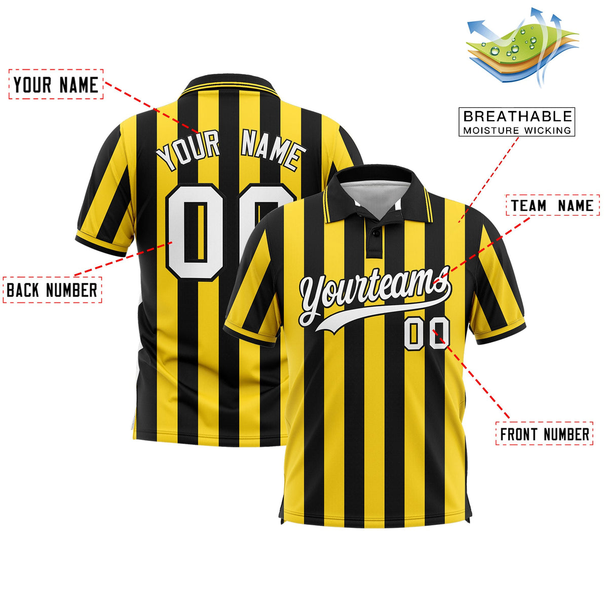 Custom Black Gold Vertical Stripes Design Performance Polo Shirt