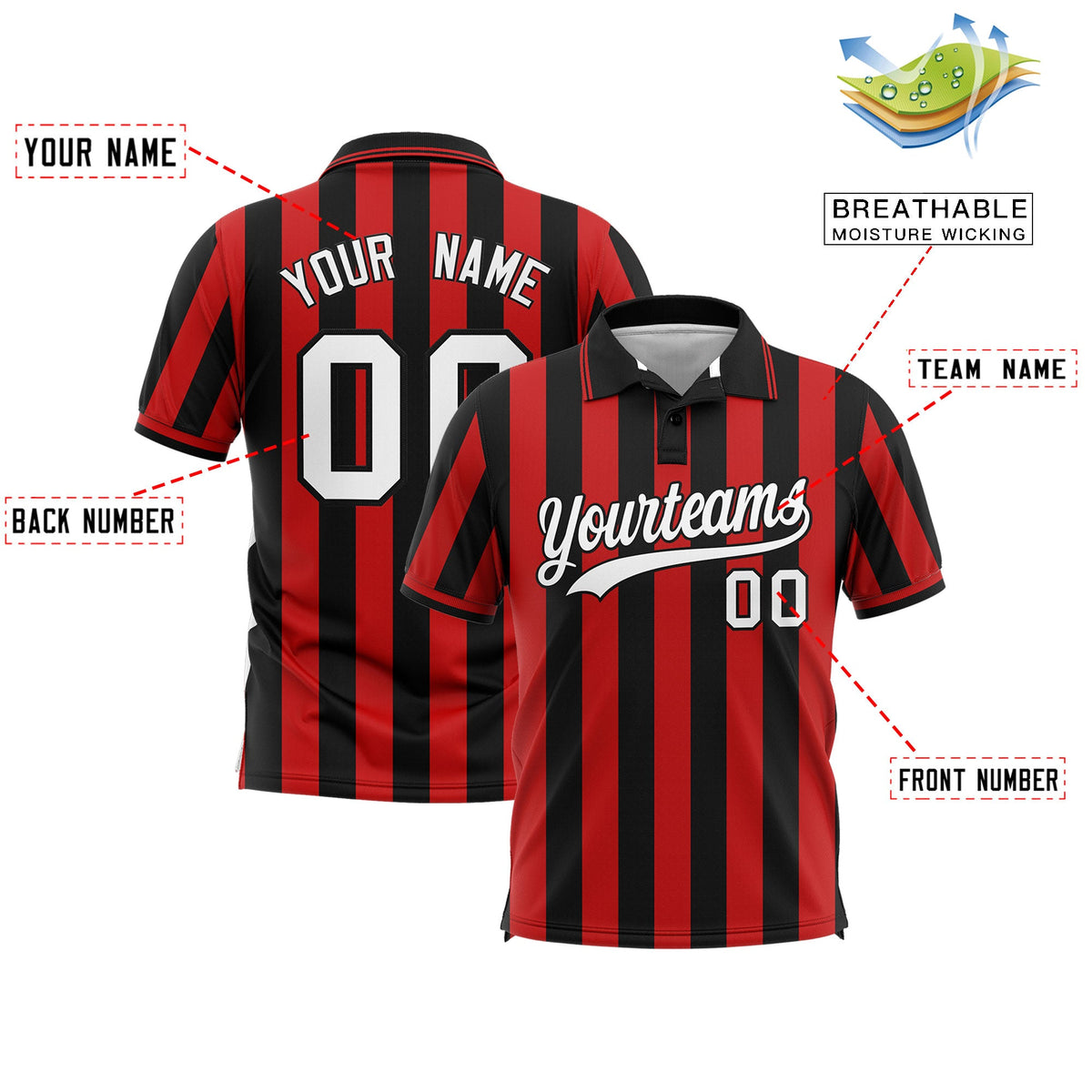 Custom Black Red Vertical Stripes Design Performance Polo Shirt