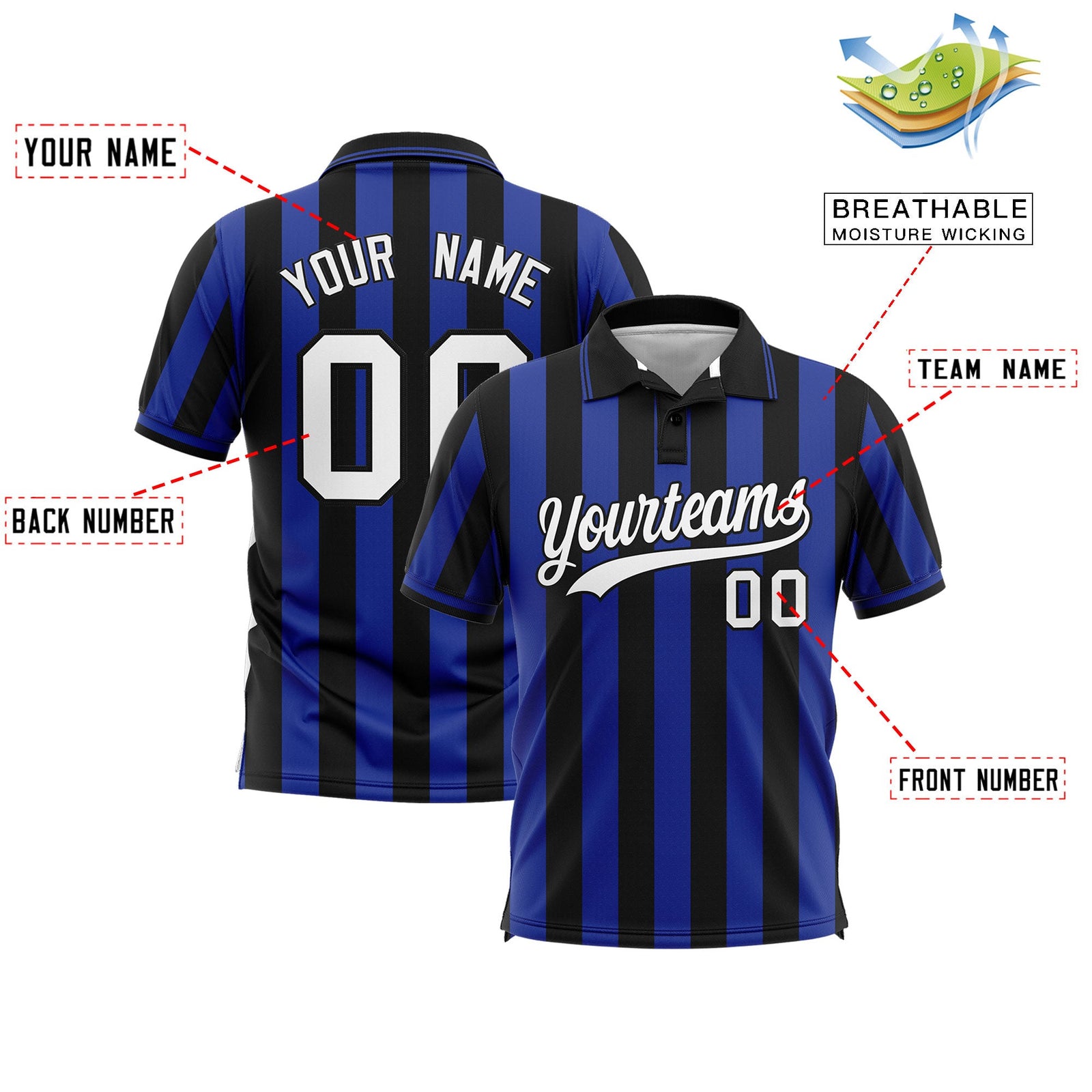 Custom Black Royal Vertical Stripes Design Performance Polo Shirt