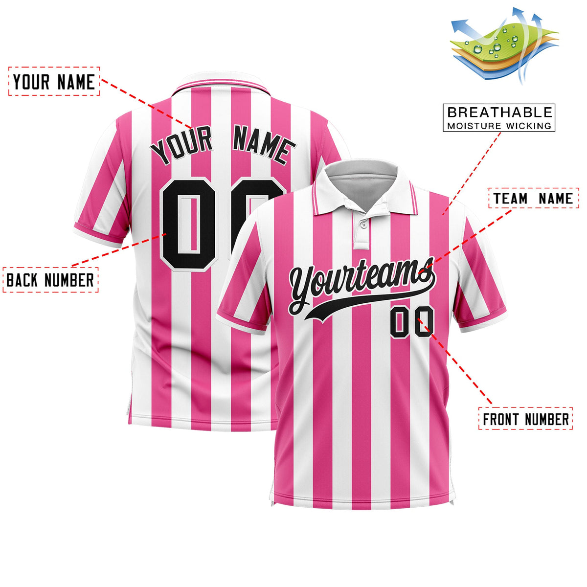 Custom White Pink Vertical Stripes Design Performance Polo Shirt