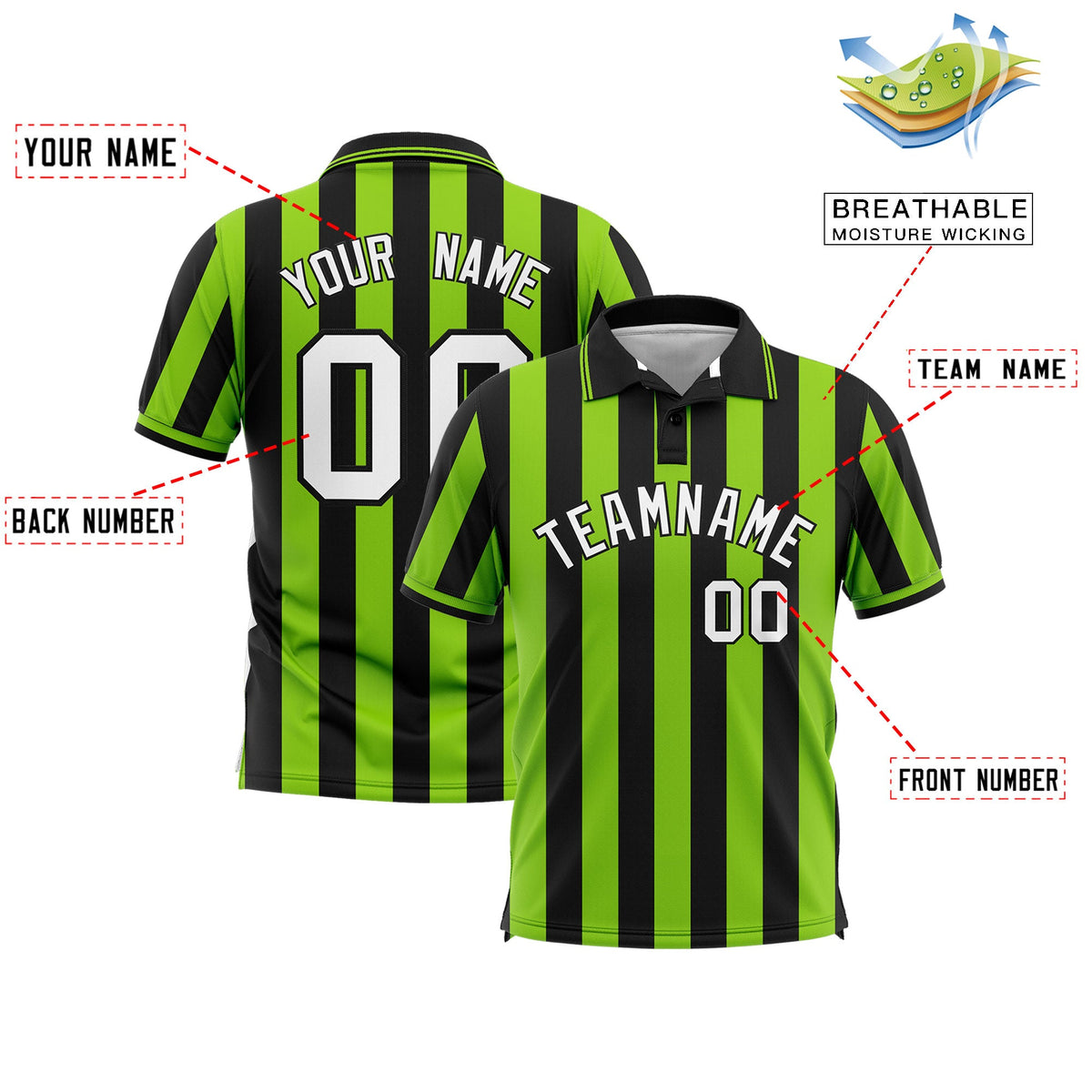Custom Black Neon Green Vertical Stripes Design Performance Polo Shirt