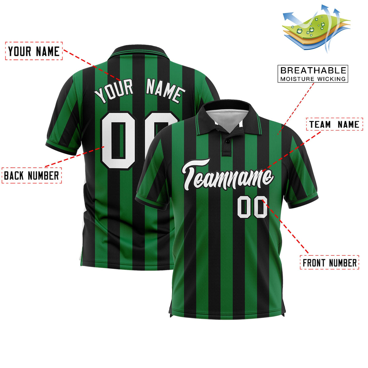 Custom Black Kelly Green Vertical Stripes Design Performance Polo Shirt