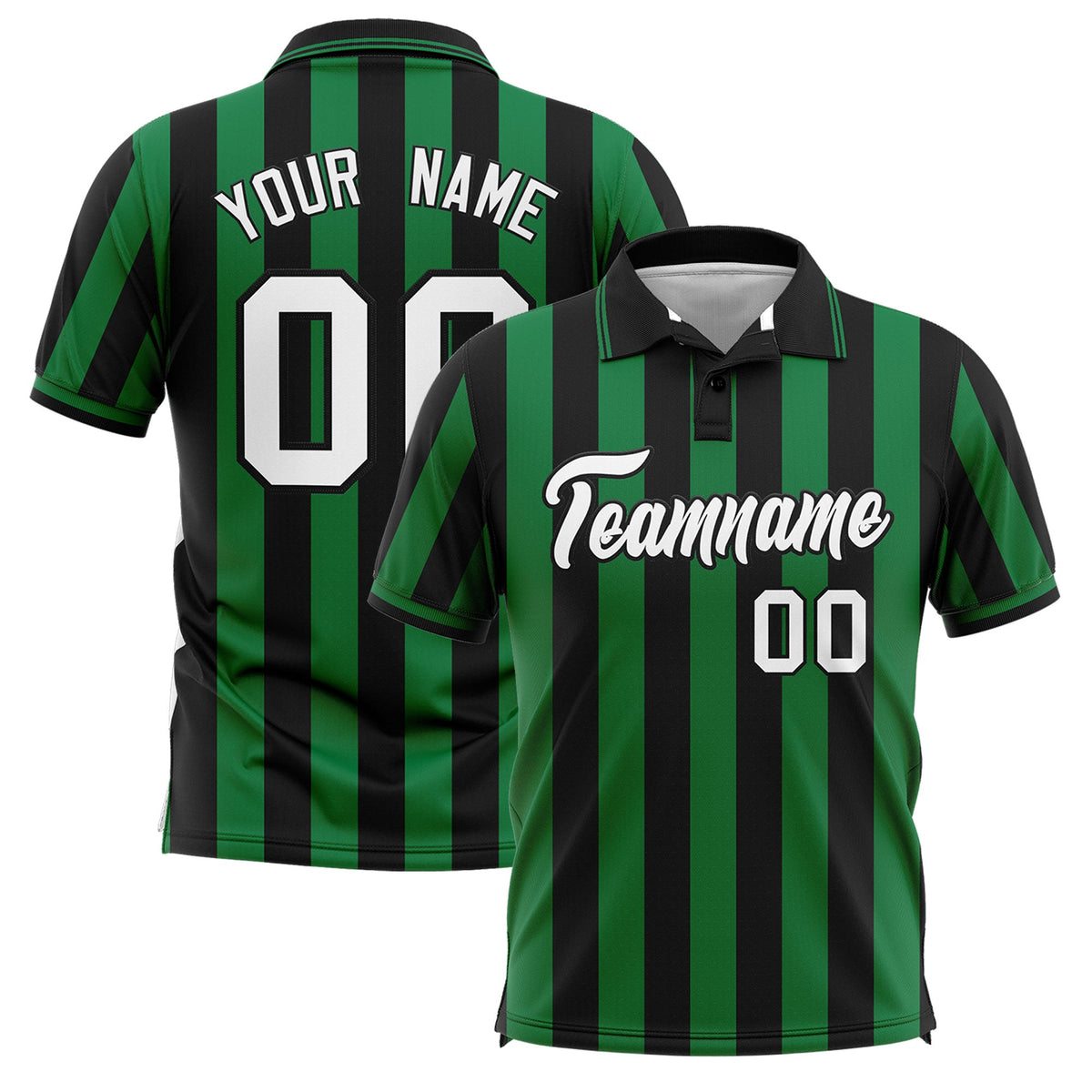Custom Black Kelly Green Vertical Stripes Design Performance Polo Shirt
