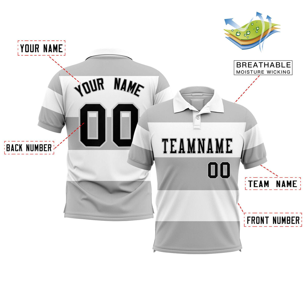Custom White-Gray Horizontal Stripe Design Performance Polo Shirt