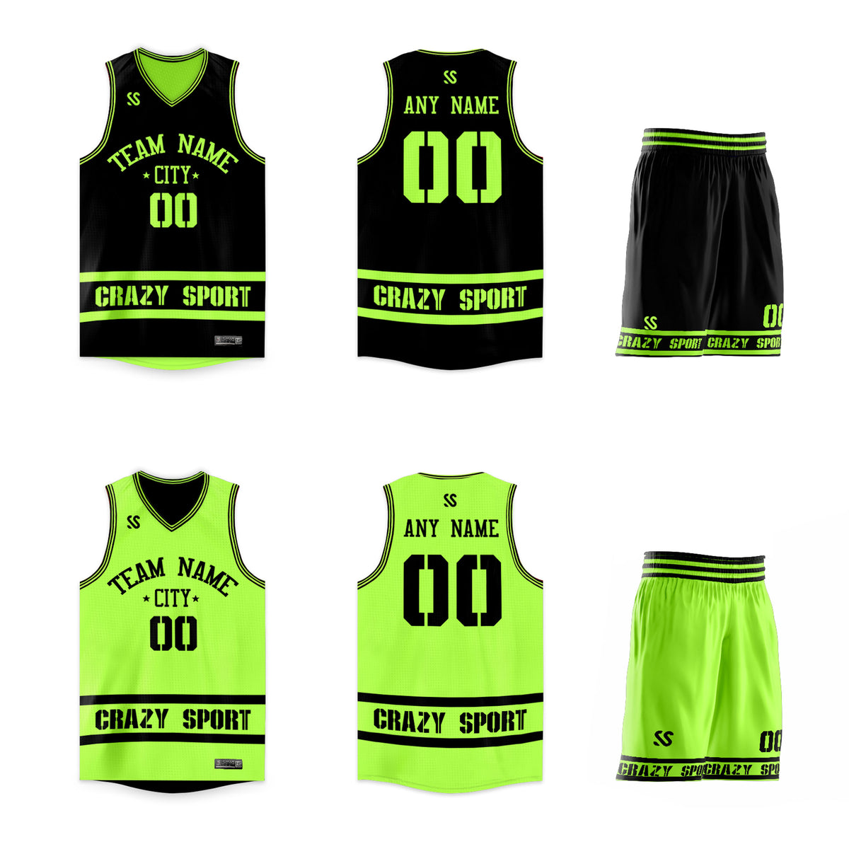 Custom Black Neon Green White Double Side Sets Sportswear Basketball Jersey