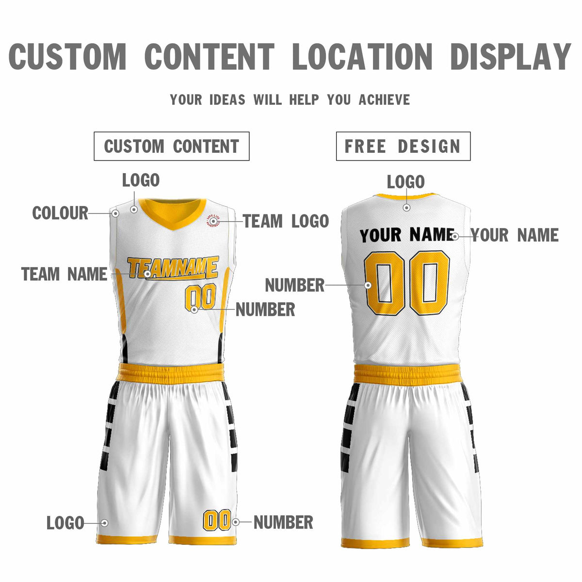 Custom White Yellow Double Side Sets Design Sportswear Basketball Jersey
