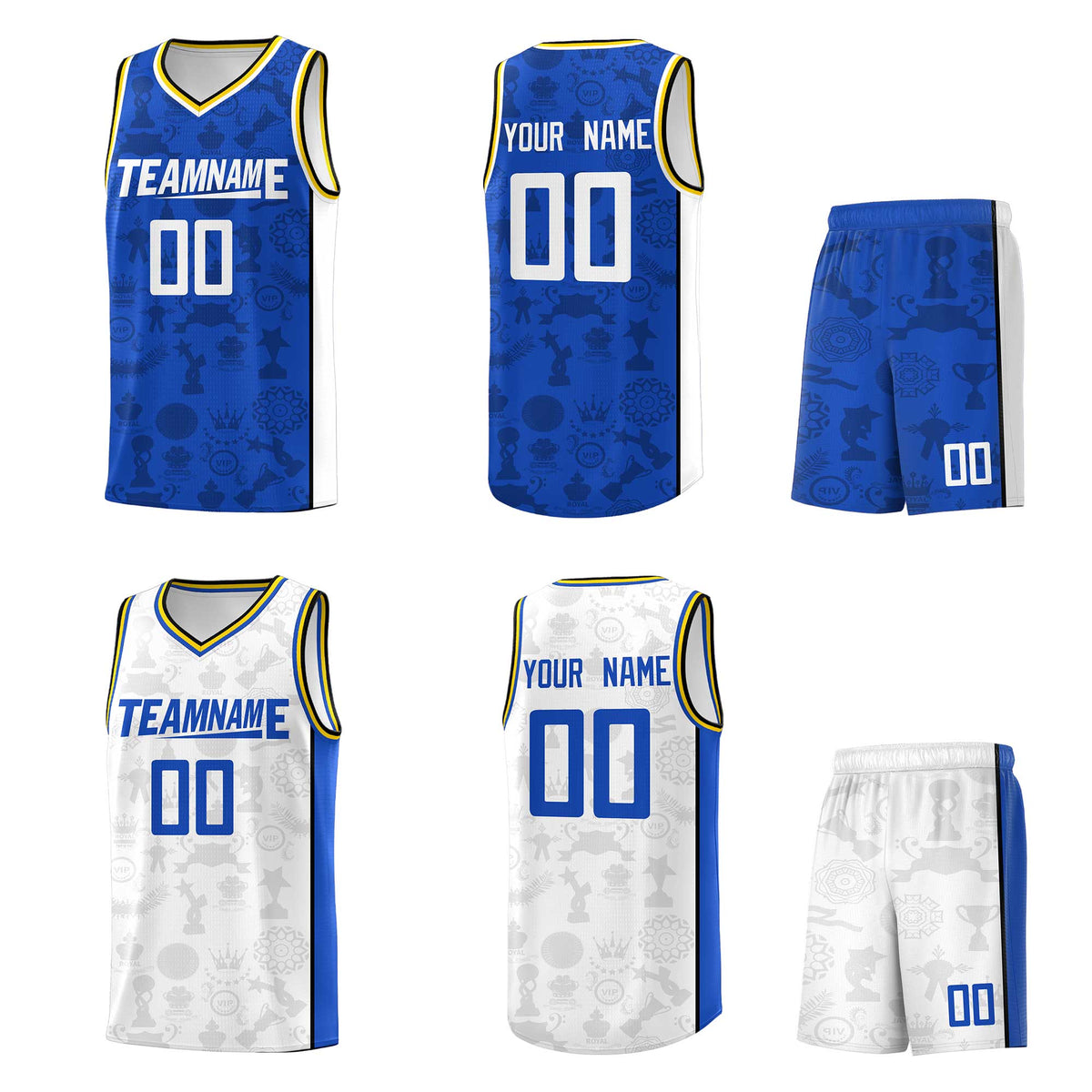 Custom Blue White-Yellow Double Side Sets Basketball Jersey