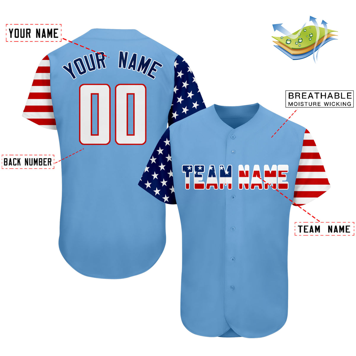 Custom Light Blue White-Red American Flag Authentic Baseball Jersey