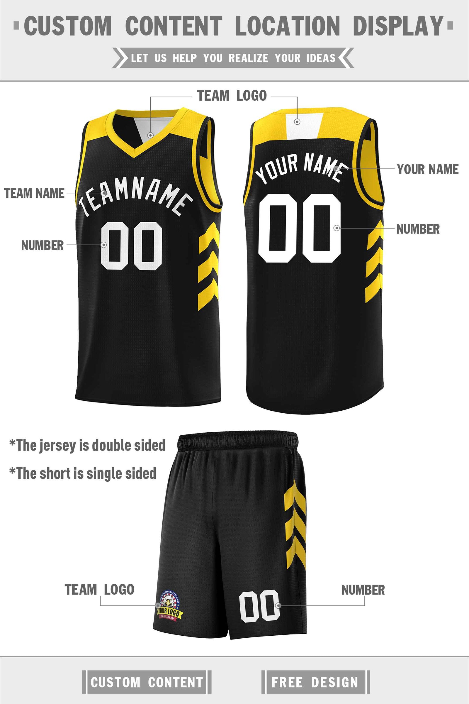 Custom Black Yellow Double Side Sets Personalized Basketball Jersey