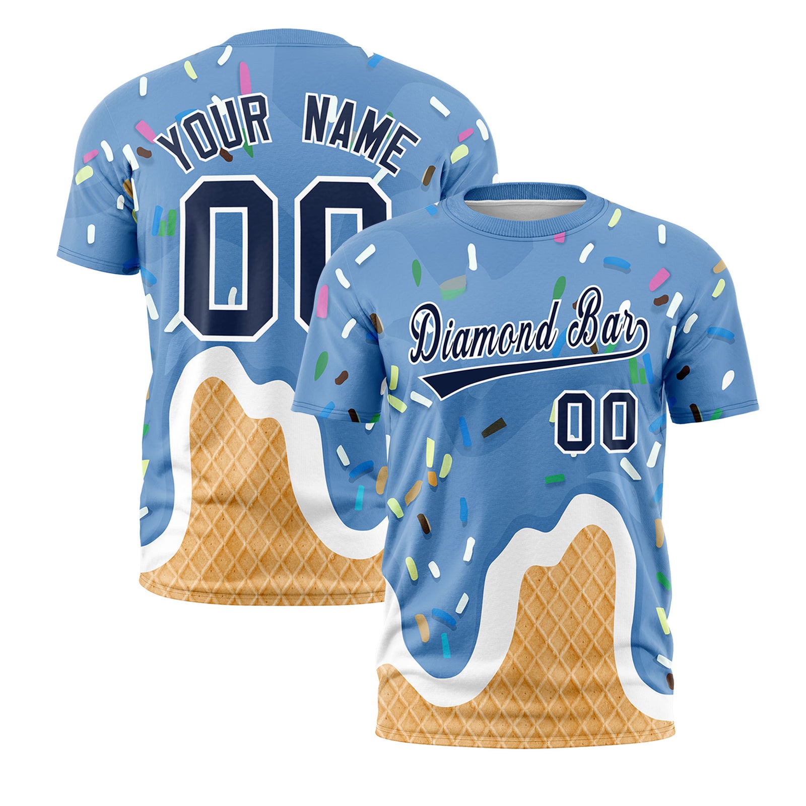 Custom Powder Blue Ice Cream Cone Graffiti Pattern Fashion Crew neck T-Shirts Full Sublimated