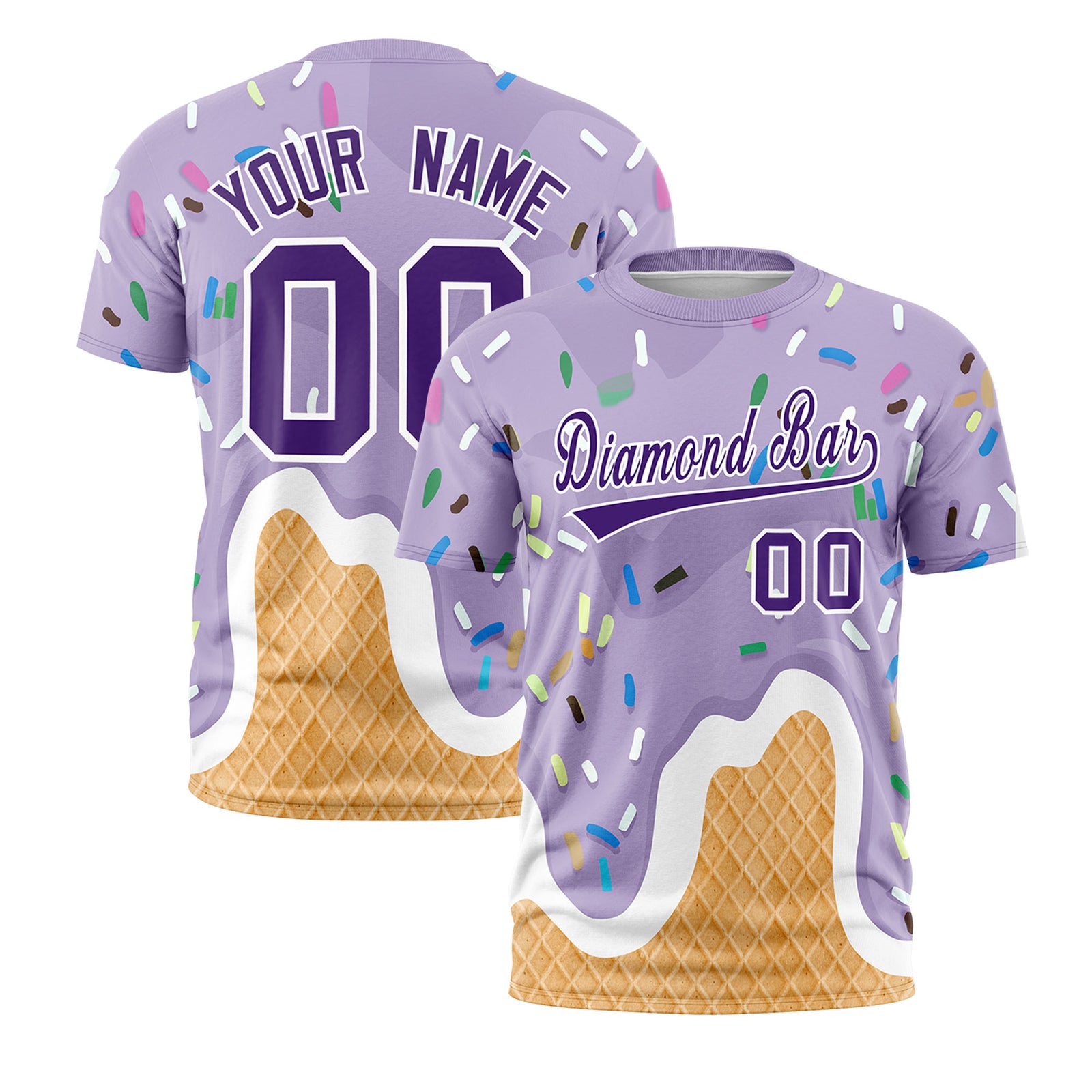 Custom Light Purple Ice Cream Cone Graffiti Pattern Fashion Crew neck T-Shirts Full Sublimated