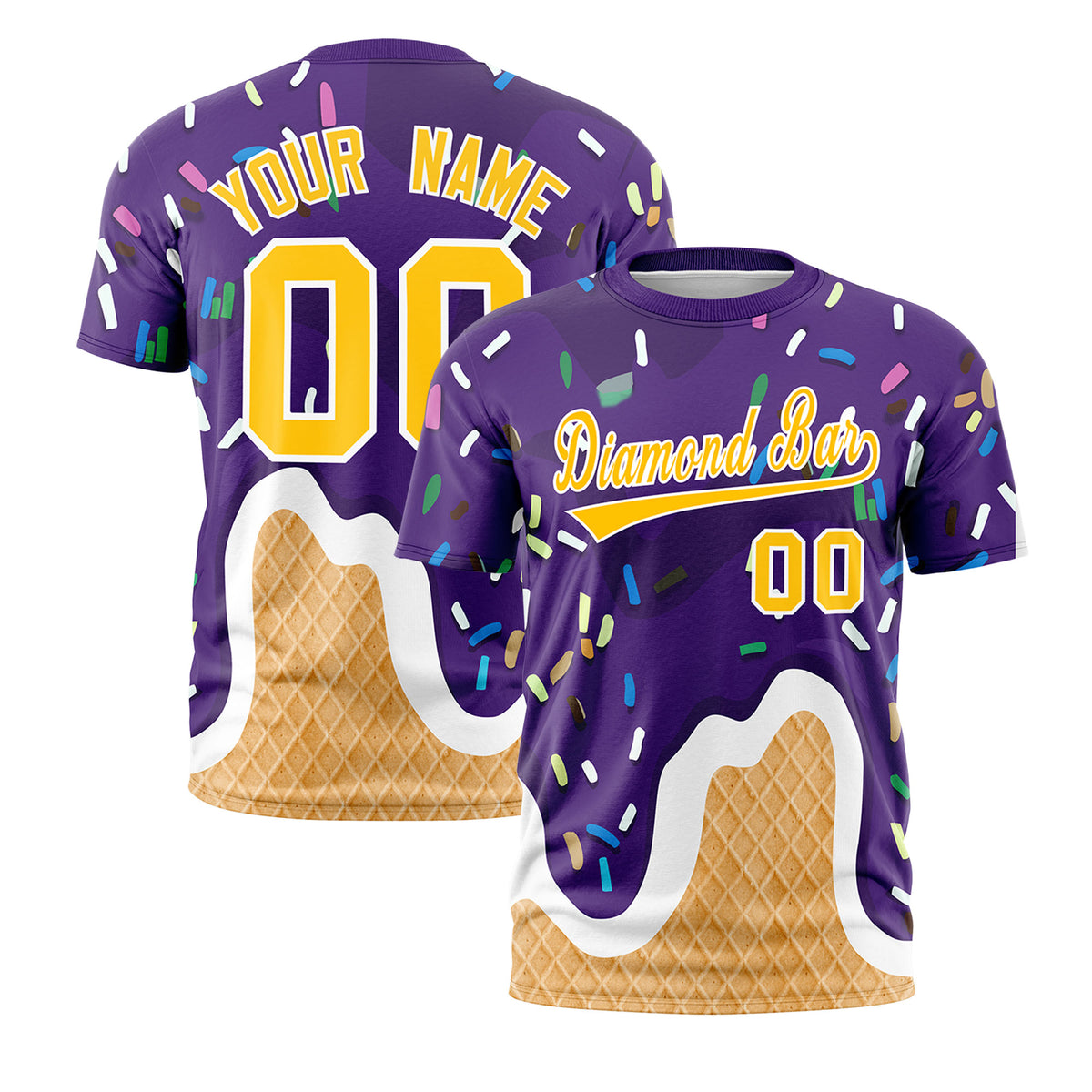 Custom Purple Yellow Ice Cream Cone Graffiti Pattern Fashion Crew neck T-Shirts Full Sublimated