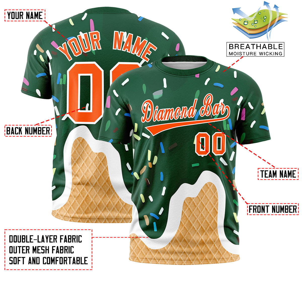 Custom Green Ice Cream Cone Graffiti Pattern Fashion Crew neck T-Shirts Full Sublimated