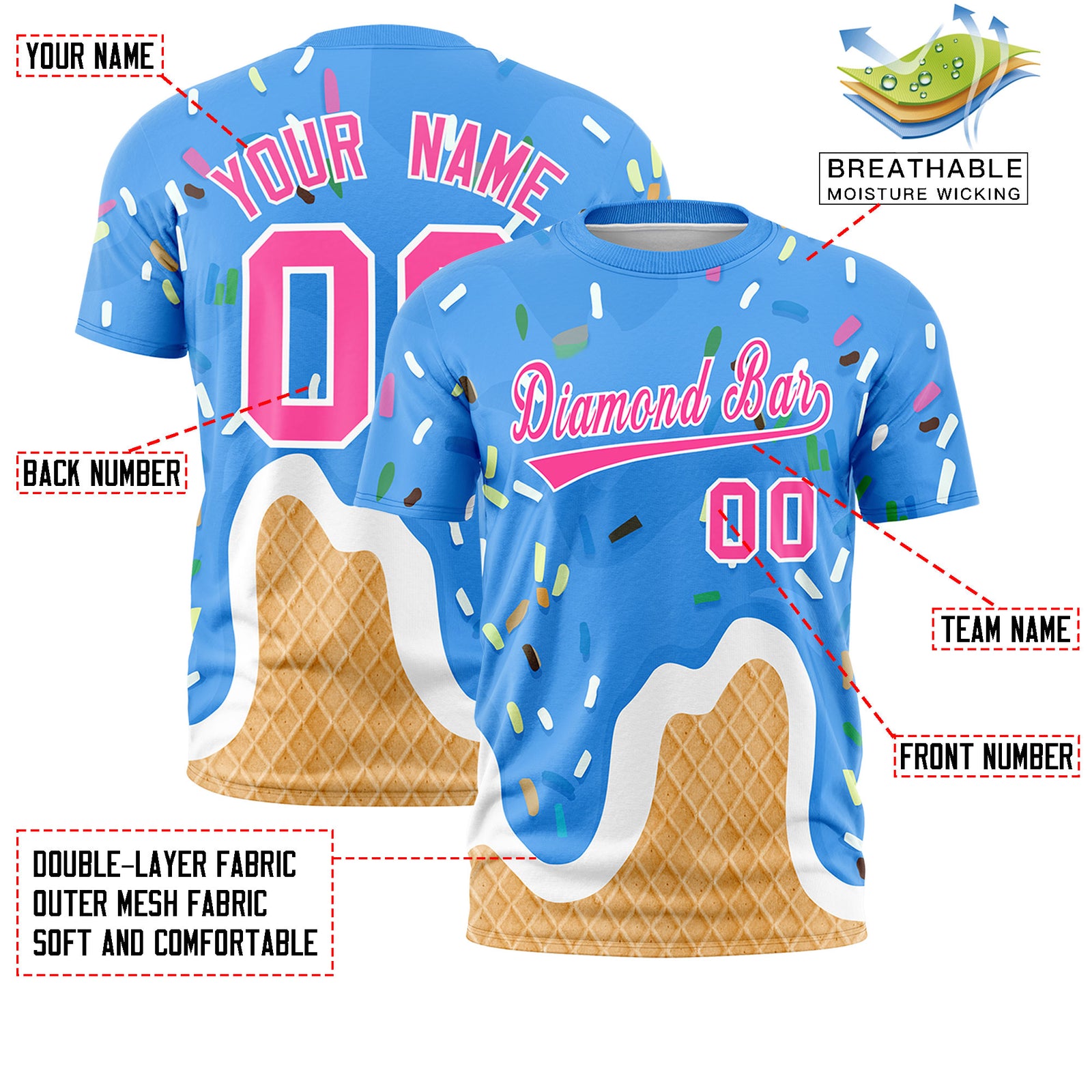 Custom Powder Blue Ice Cream Cone Graffiti Pattern Fashion Crew neck T-Shirts Full Sublimated