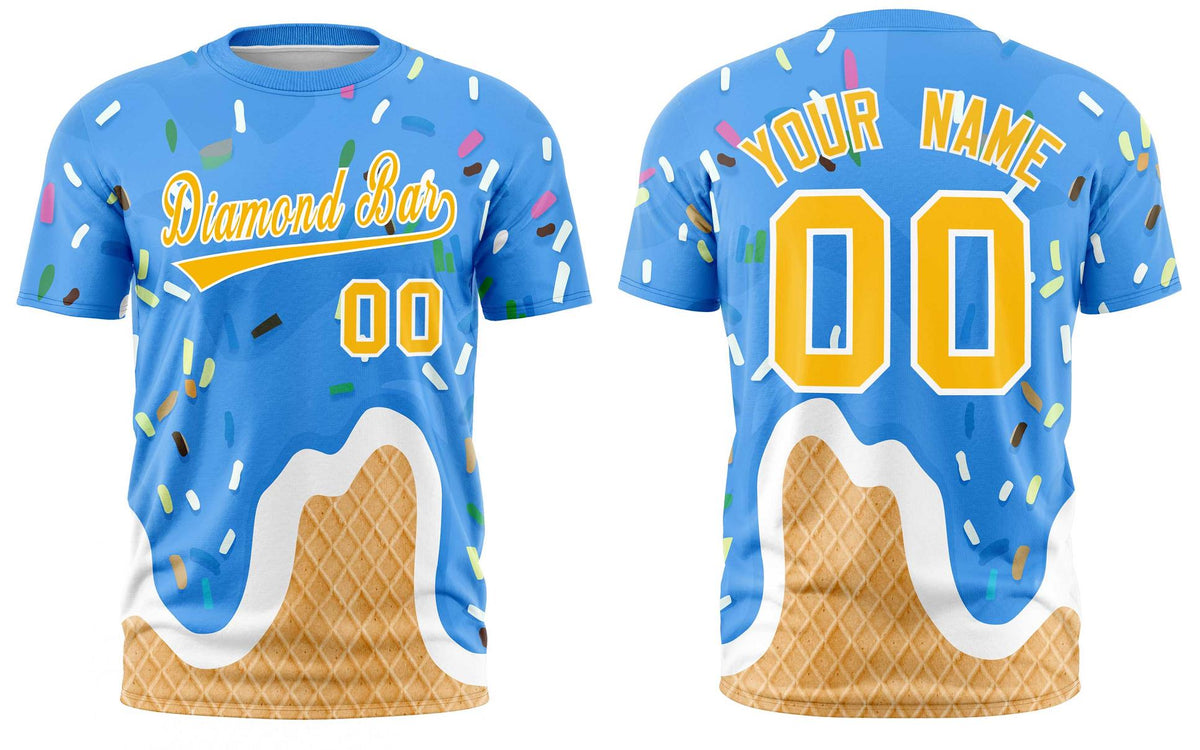 Custom Powder Blue Ice Cream Cone Graffiti Pattern Fashion Crew neck T-Shirts Full Sublimated