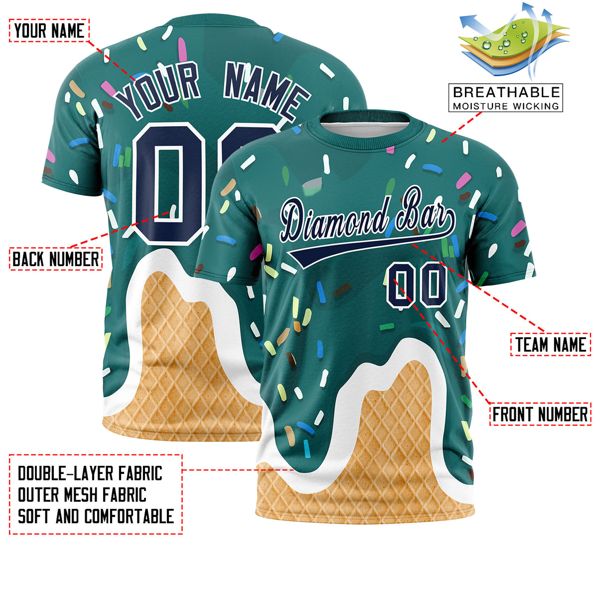 Custom Aqua Ice Cream Cone Graffiti Pattern Fashion Crew neck T-Shirts Full Sublimated