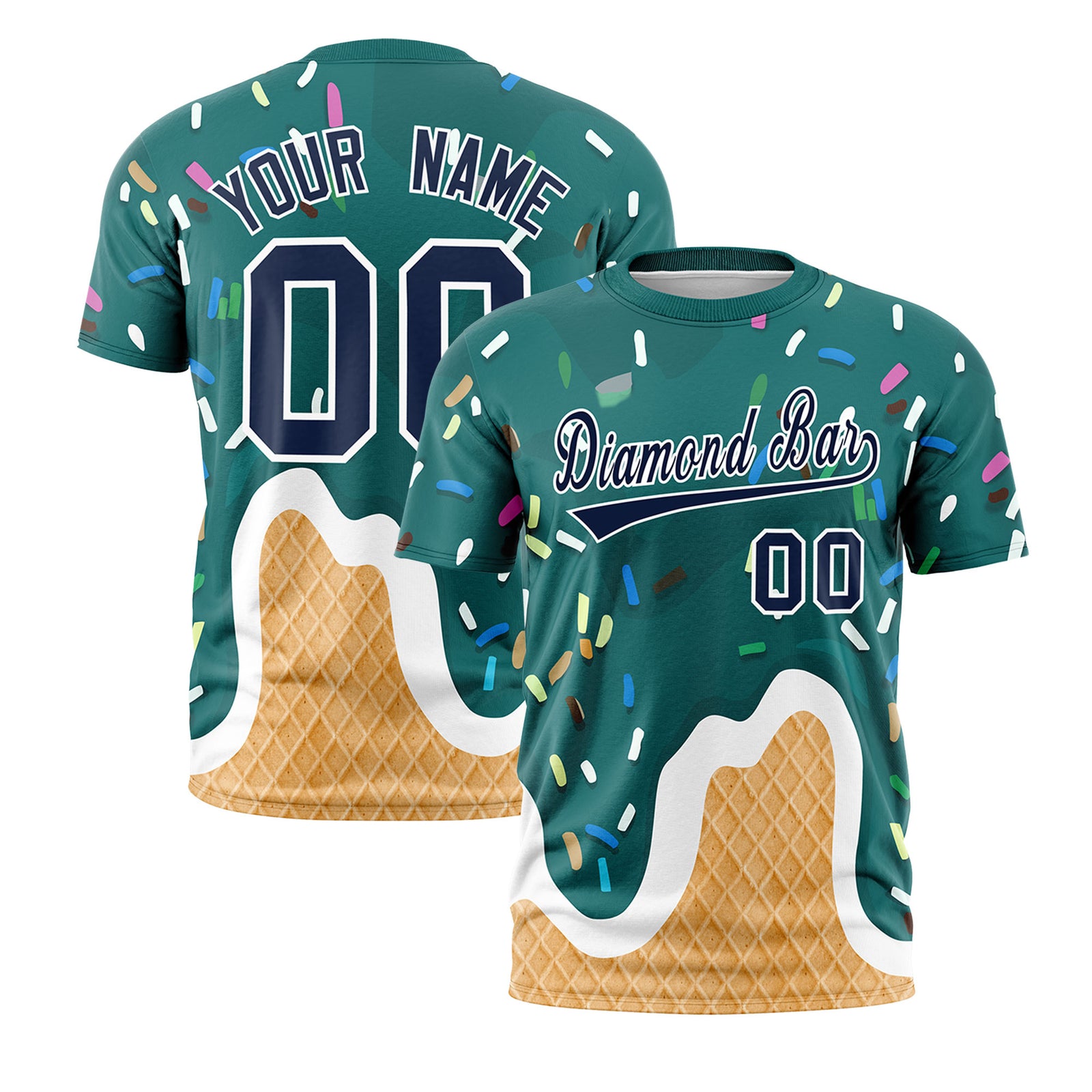 Custom Aqua Ice Cream Cone Graffiti Pattern Fashion Crew neck T-Shirts Full Sublimated